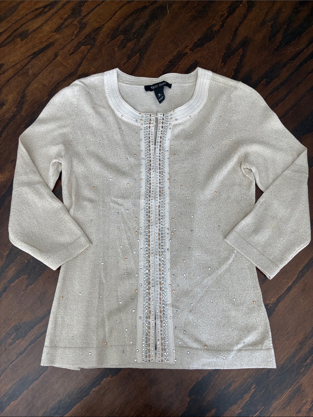 White House Black Market Ivory Beaded Scoop-Neck Cardigan